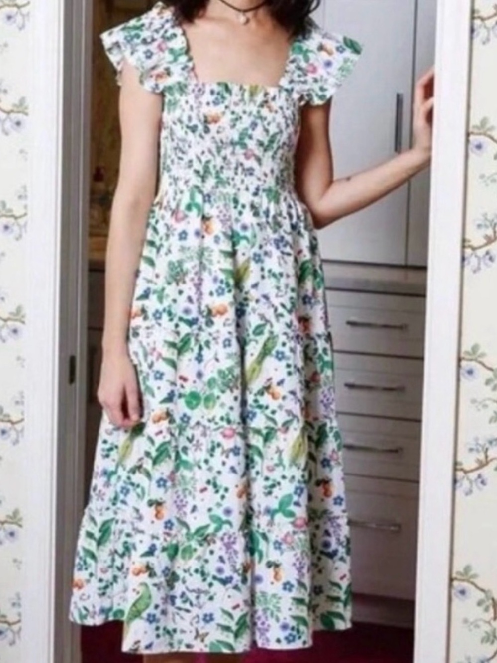 Hill House White Midi Dress with Green and Multicolor Floral Print